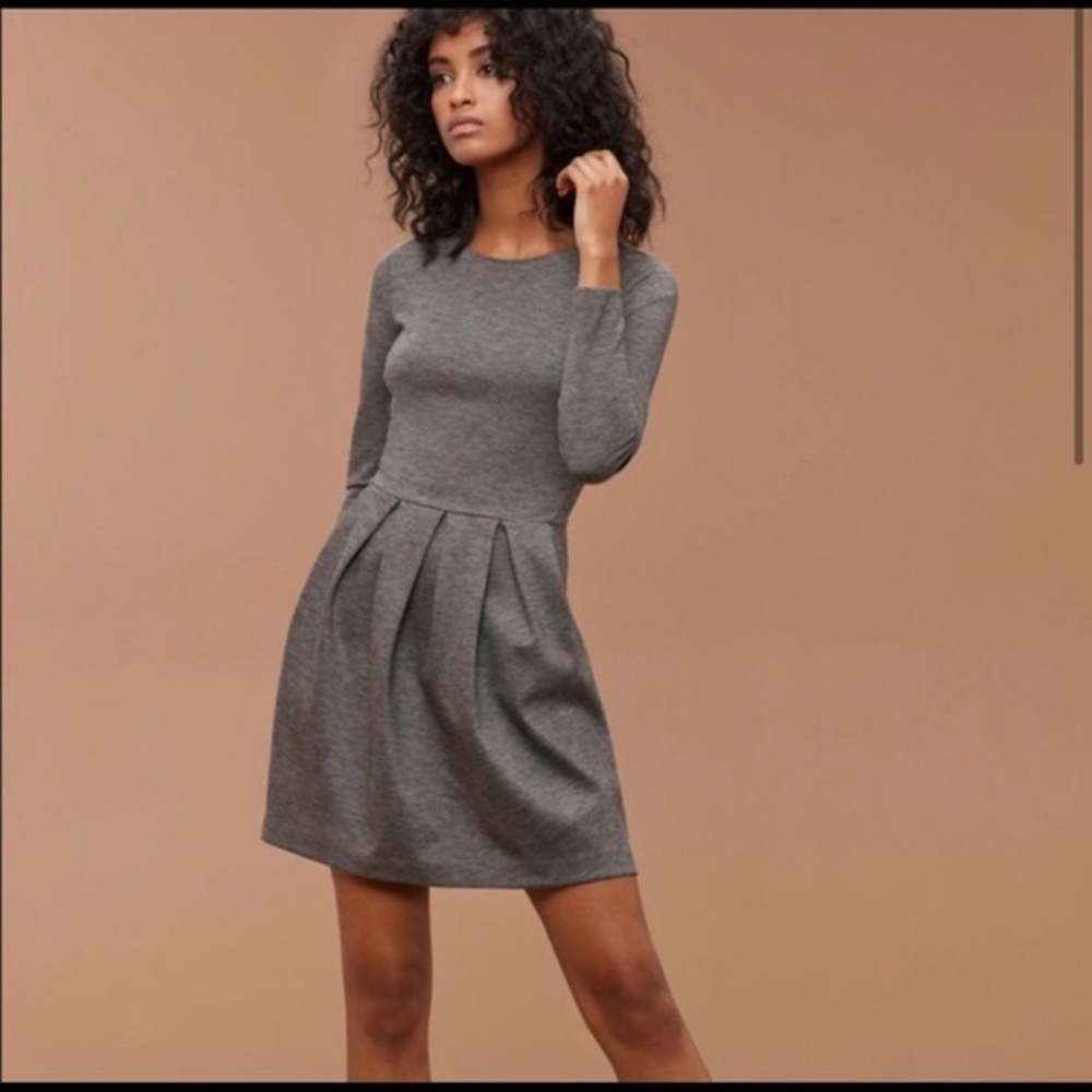 Wilfred Aritzia Tartine Pleated Long Sleeve Wool Blend Zipper Back Gray Dress 2